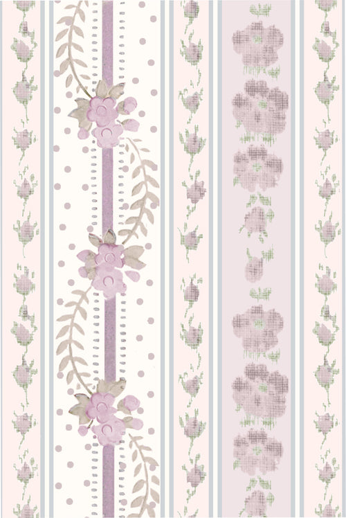 Cotton floral print fabric swatch with mauve-and-white flowers, vines, and dots