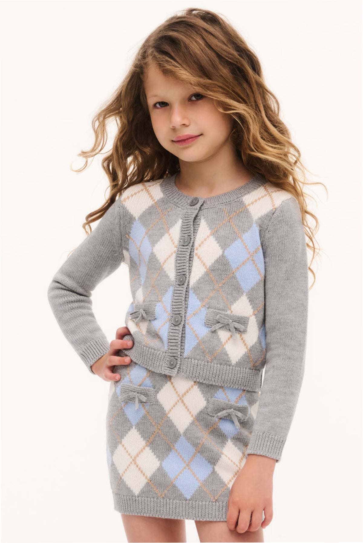 Girls argyle cardigan, light gray with blue/white diamonds, button front and patch pockets