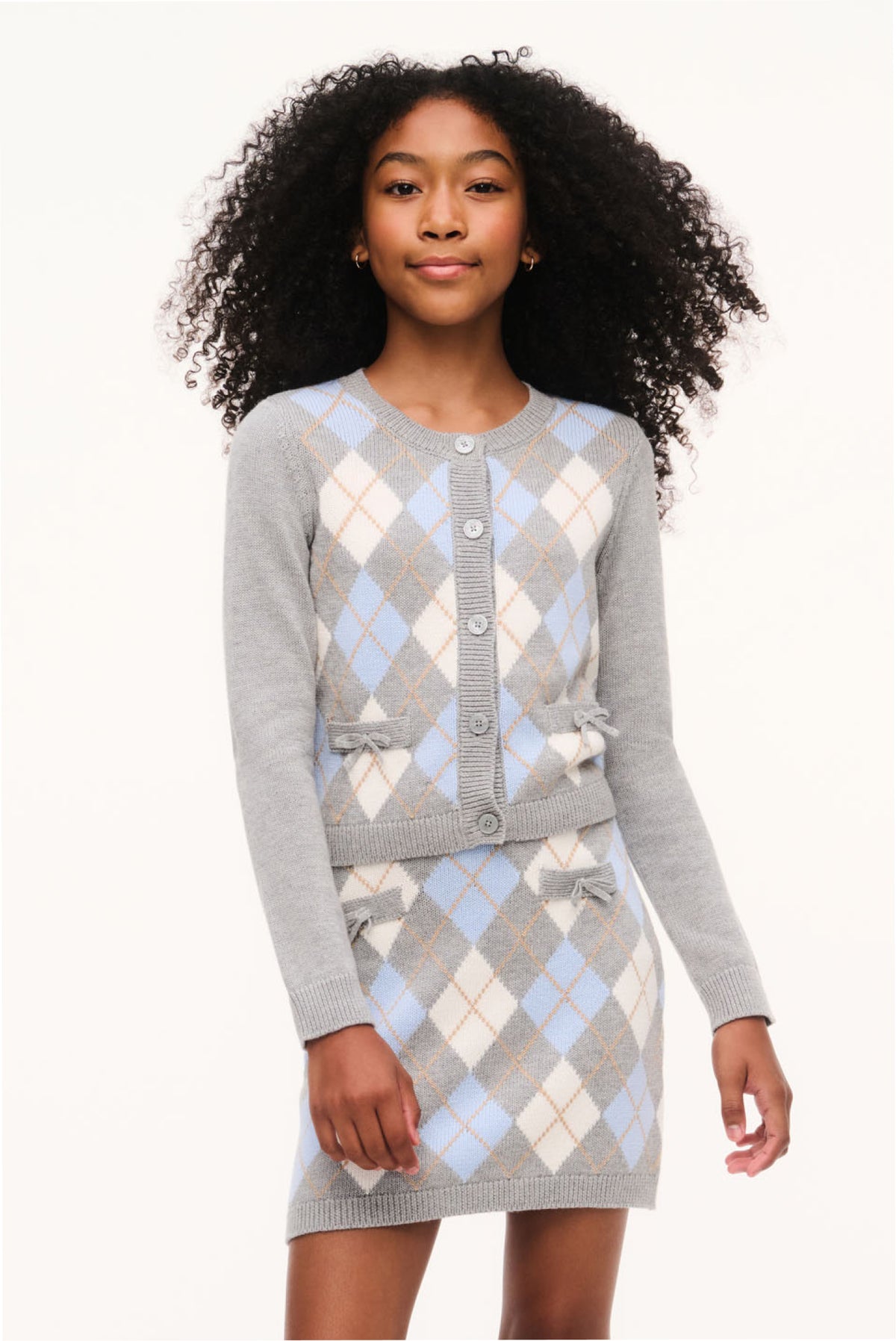 Tween argyle cardigan with button front, long sleeves, gray knit and light diamond pattern