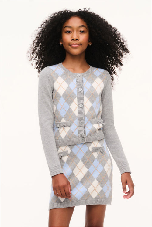 Tween argyle cardigan with button front, long sleeves, gray knit and light diamond pattern