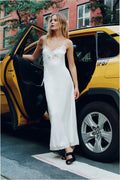 White lace bow maxi dress with lace-trim straps and scalloped lace hem