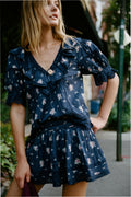 Navy floral cotton skirt with tiered ruffles and elastic waistband