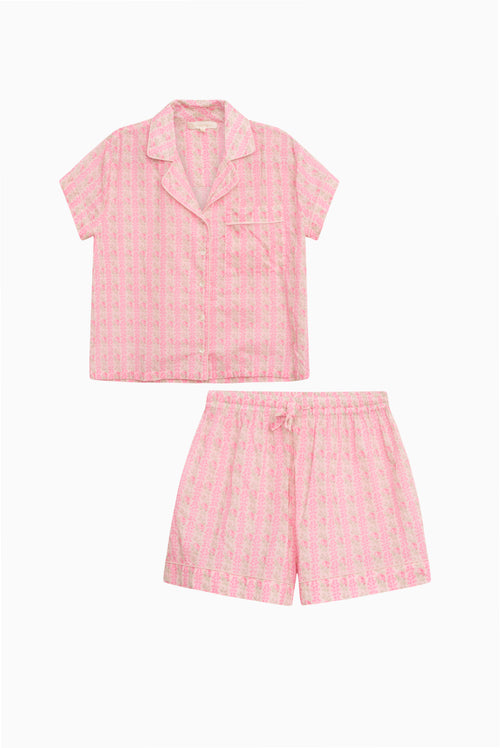 Pink cotton pajama set flat lay: short-sleeve button-up top and matching shorts - Customized