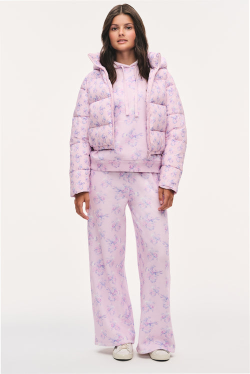 Tween lilac floral puffer jacket with hood and zip, paired with matching pants