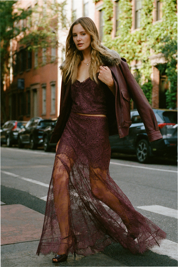 Faded merlot lace maxi skirt with draped sheer overlay and scalloped hem