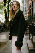 Dark graphite cropped shearling jacket with plush fur collar and button front