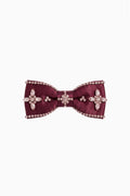 Maroon satin bow barrette with crystal border and three flower embellishments
