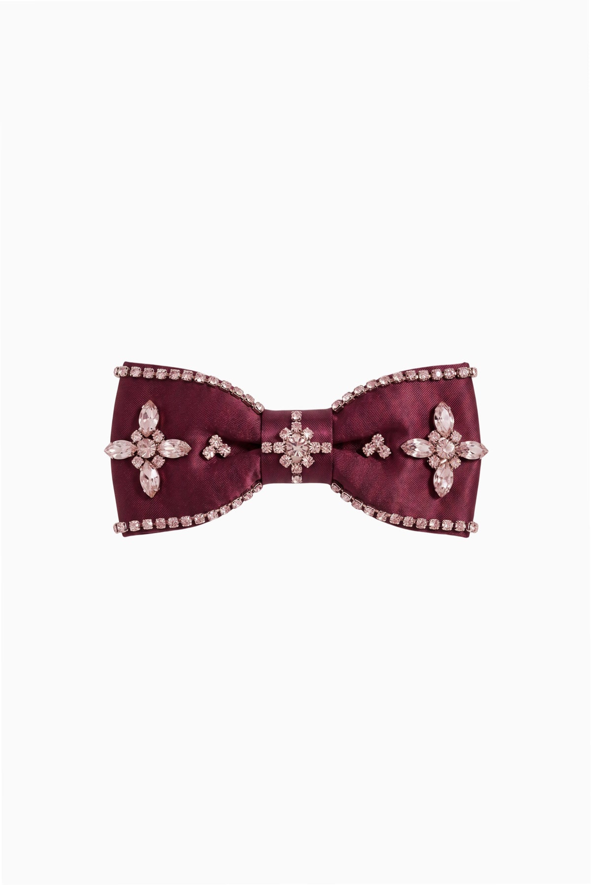 Maroon satin bow barrette with crystal border and three flower embellishments