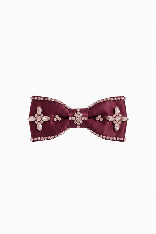 Maroon satin bow barrette with crystal border and three flower embellishments