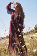 Faded merlot sheer maxi dress with lace V-neck and tiered hem, billowy long sleeves