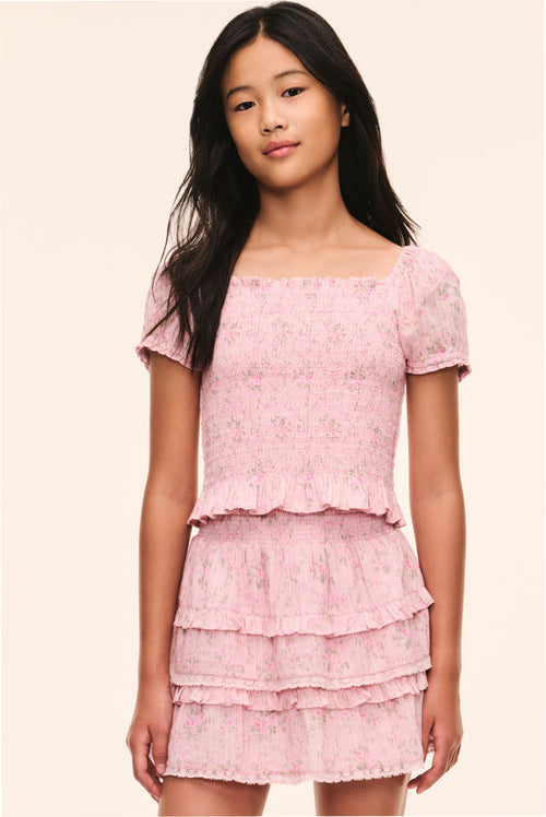 Pink floral tween puff-sleeve top with square neckline and tiered ruffle peplum hem