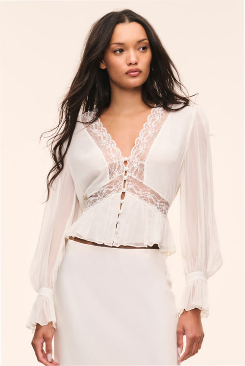 Silk lace blouse in pale stone with scalloped V-neck lace and buttoned center