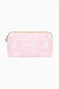 Pink toile print medium travel pouch with gold-tone zipper and wrist strap
