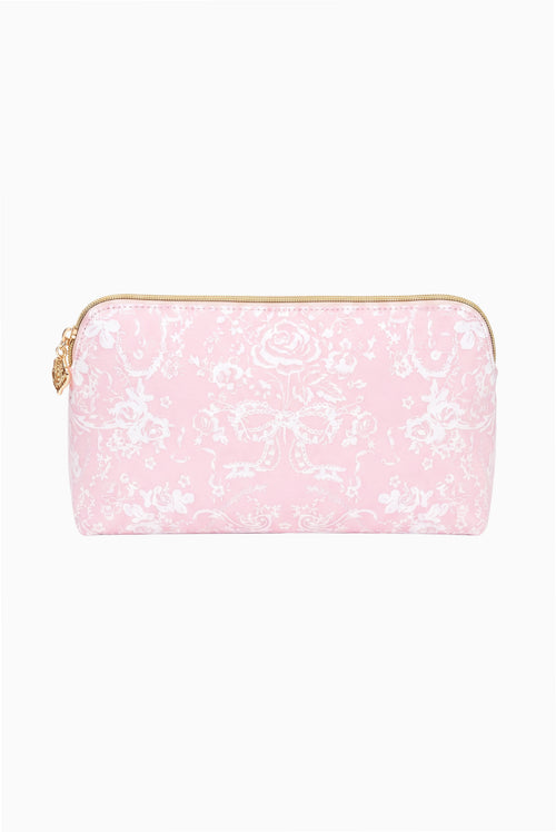 Pink toile print medium travel pouch with gold-tone zipper and wrist strap