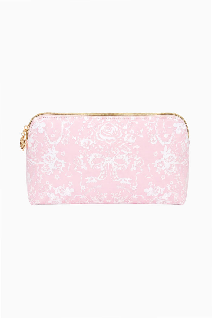 Pink toile print medium travel pouch with gold-tone zipper and wrist strap