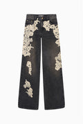 Lace appliqué wide-leg jeans in dark wash denim