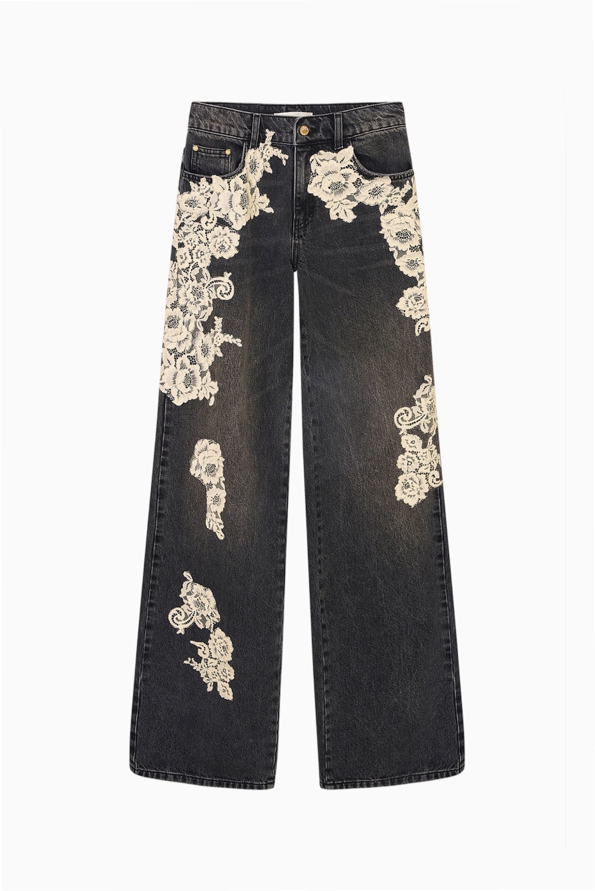 Lace appliqué wide-leg jeans in dark wash denim