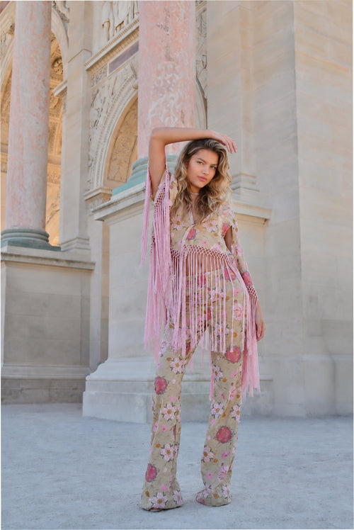Embroidered wide-leg pants with pink floral print and flared legs