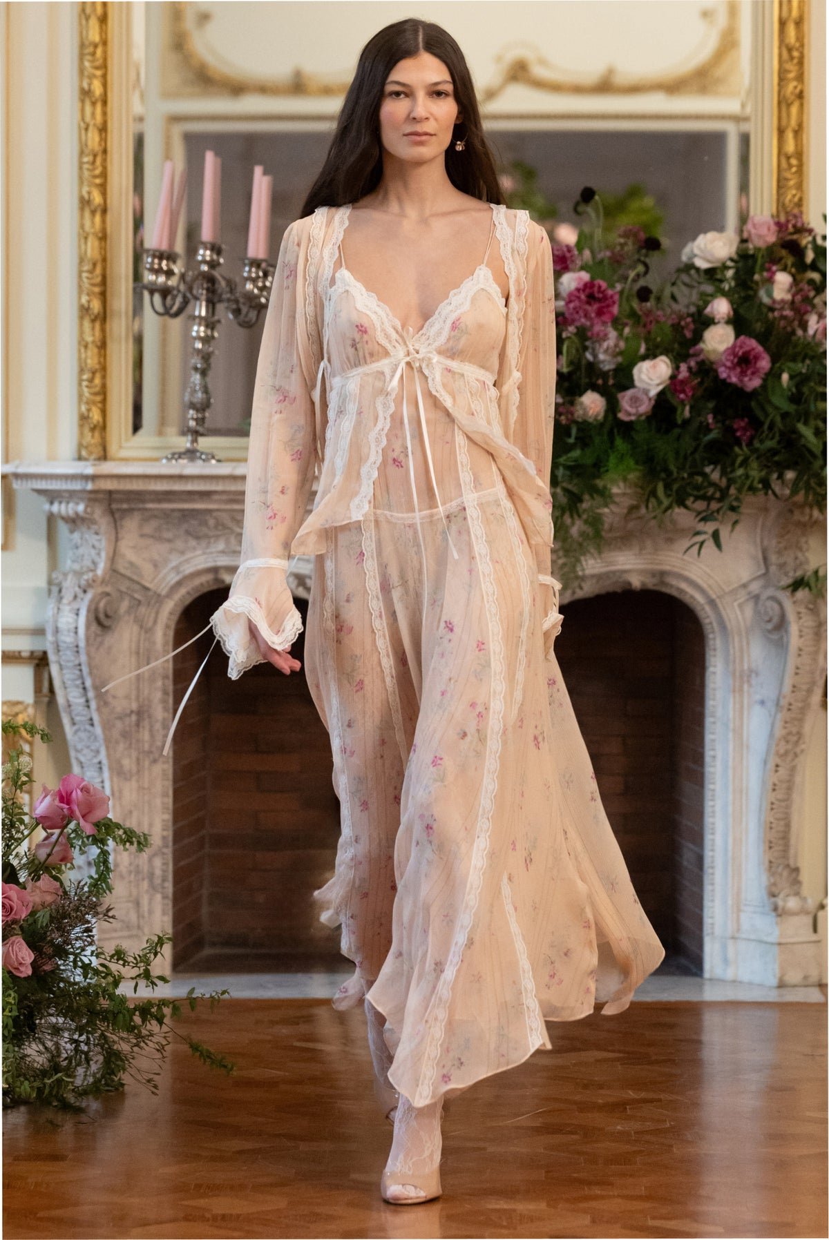Floral print silk slip dress with lace trim, bow V-neck, long layered chiffon skirt