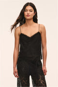 Black lace cami top with V-neckline and scalloped trim