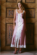 Blush satin maxi skirt with vertical lace applique and scalloped hem