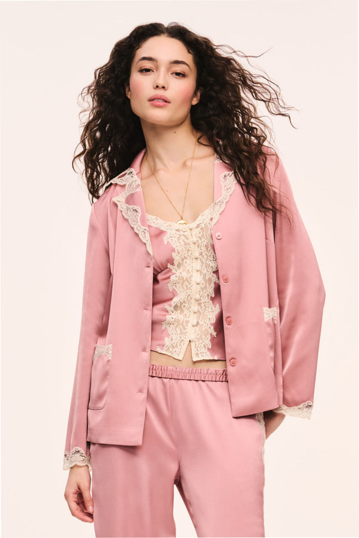 Women's crepe button-down top in flushed nude with scalloped lace trim and button front