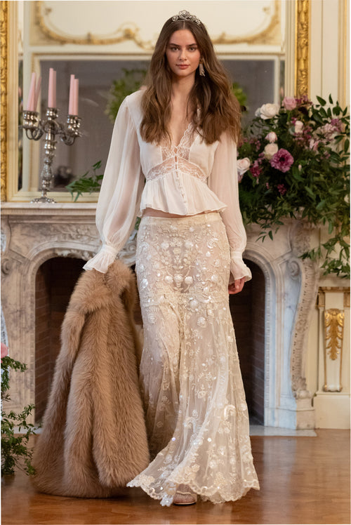 Ryana pearl-embroidered mesh maxi skirt, light beige with allover lace-like detail