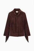 Chocolate suede fringe jacket with point collar and sleeve fringe, button front, detail view
