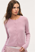 Lilac cashmere cardigan with button placket and long sleeves, crew neckline