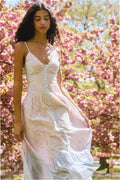 Spaghetti-strap V-neck maxi dress, pink-and-blue floral print, tiered skirt, button front