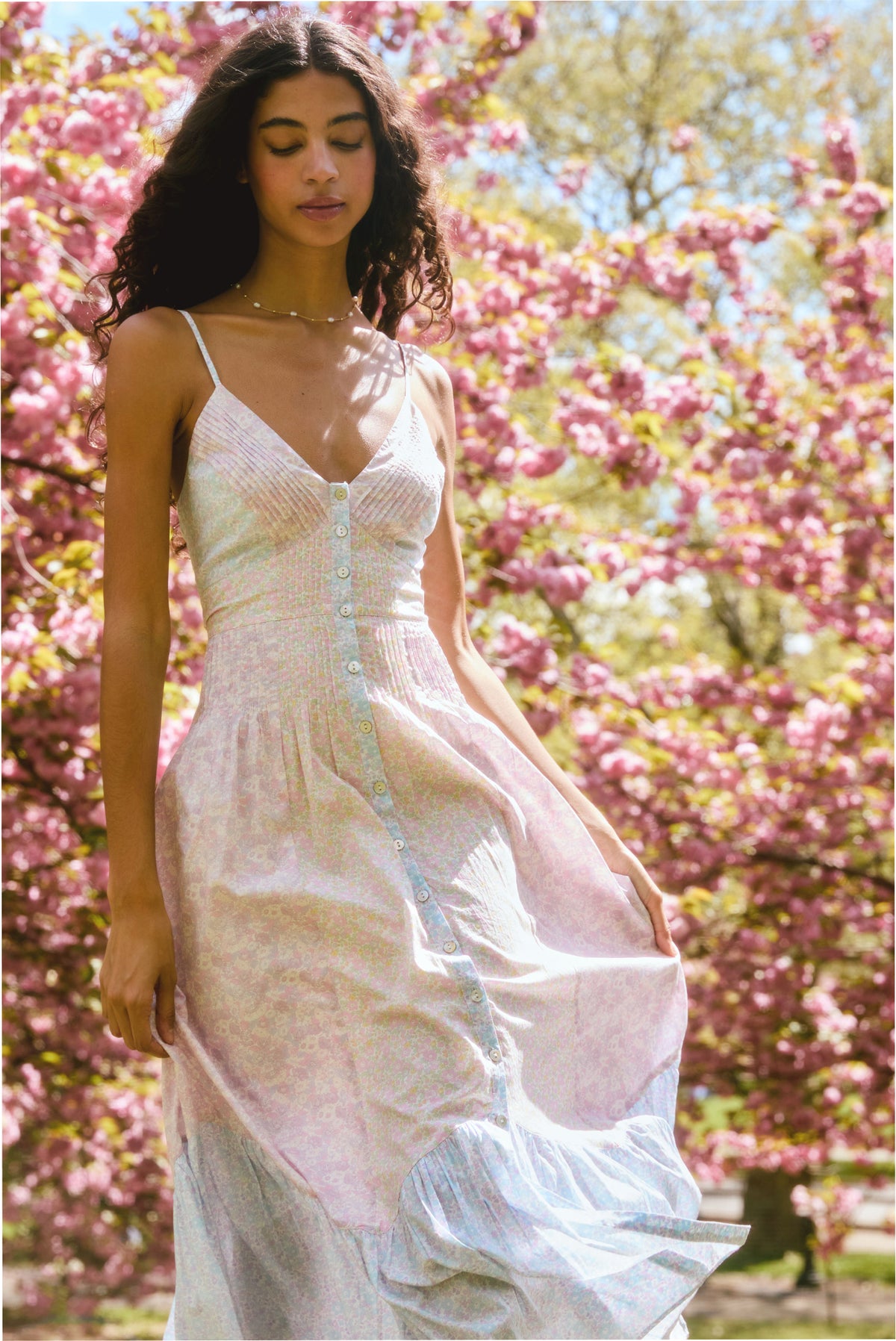 Spaghetti-strap V-neck maxi dress, pink-and-blue floral print, tiered skirt, button front