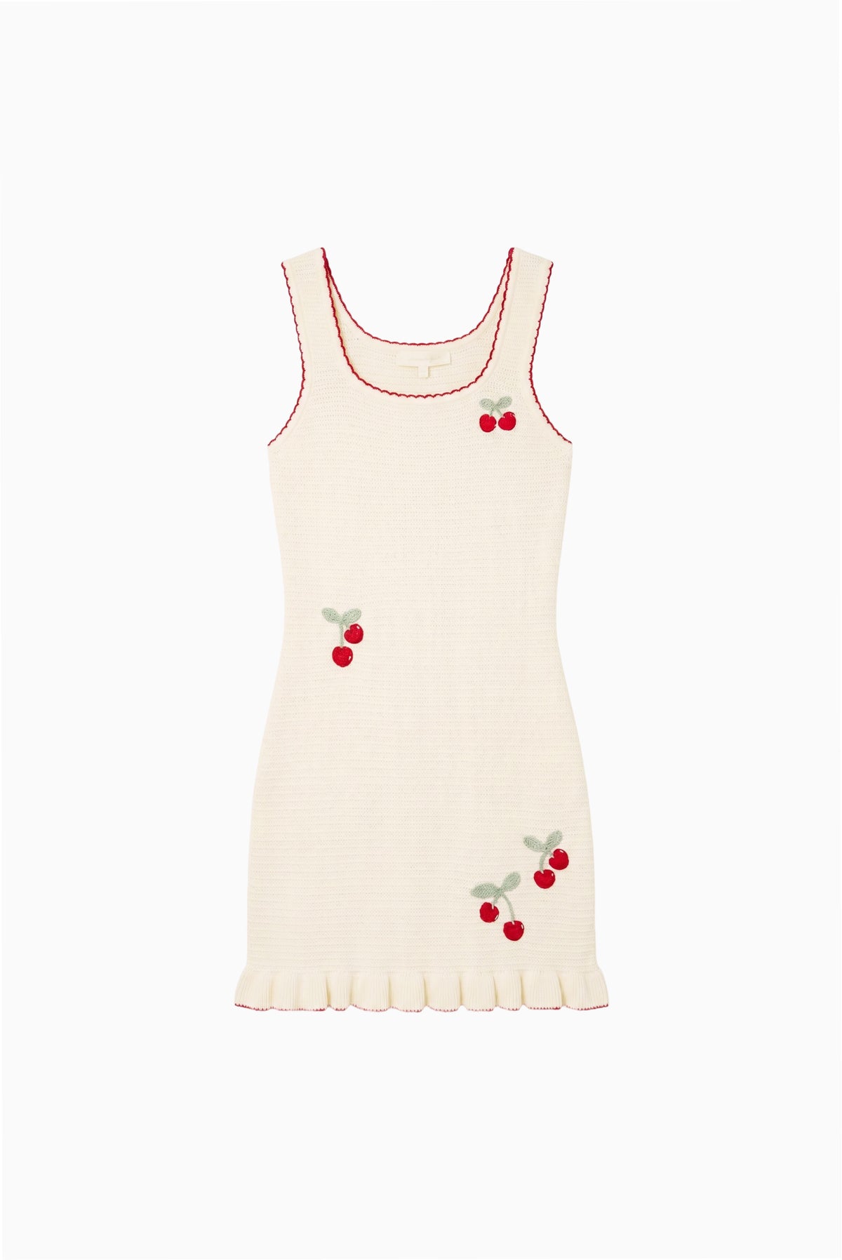 Girls cherry dress, sleeveless scoop neck, cream knit with red cherry print and hem trim