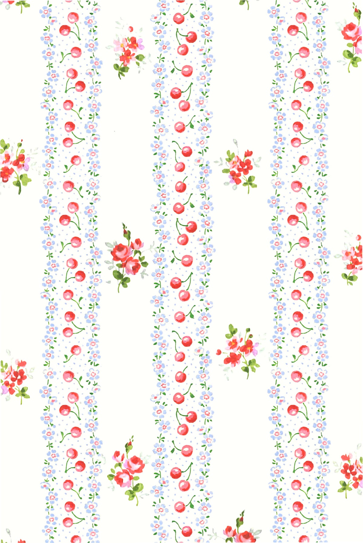 Cherry stripe swimsuit fabric closeup with red cherries and small flowers