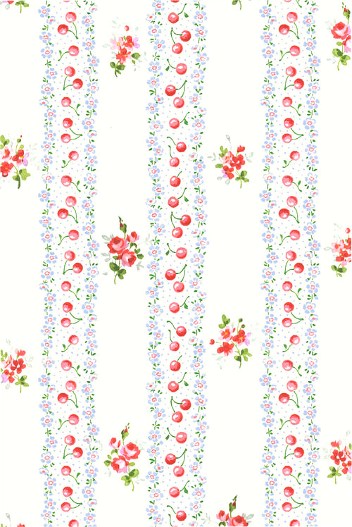 Cherry stripe swimsuit fabric closeup with red cherries and small flowers