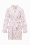 Light pink cotton bath robe with hood, tie belt, long sleeves, allover bow pattern