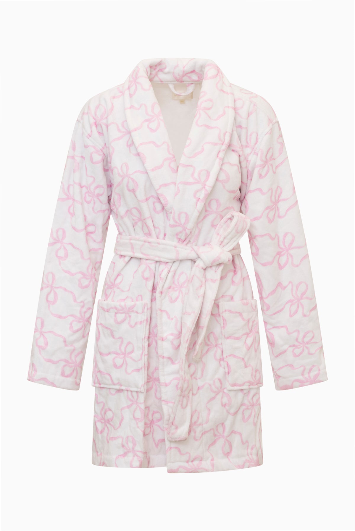 Light pink cotton bath robe with hood, tie belt, long sleeves, allover bow pattern