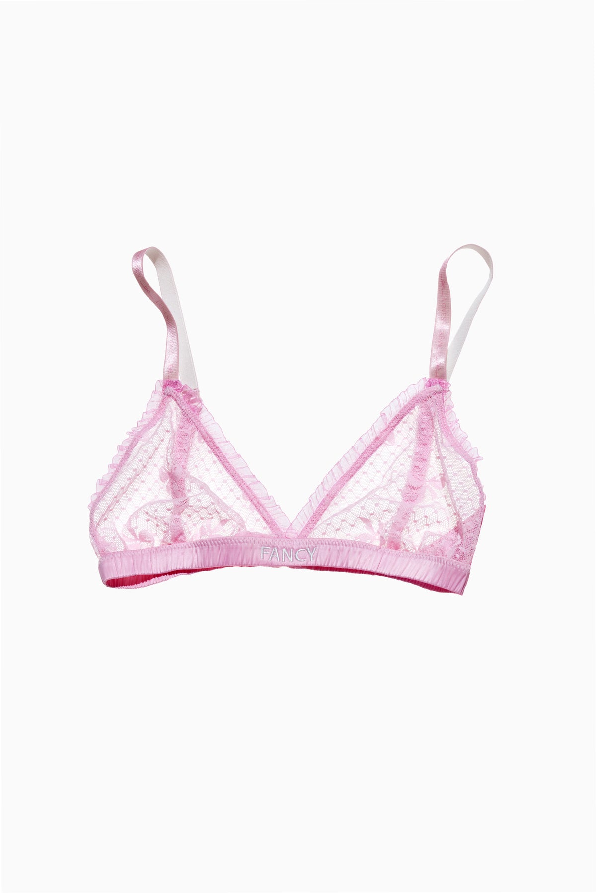 Baby pink lace bralette with triangle cups and adjustable shoulder straps