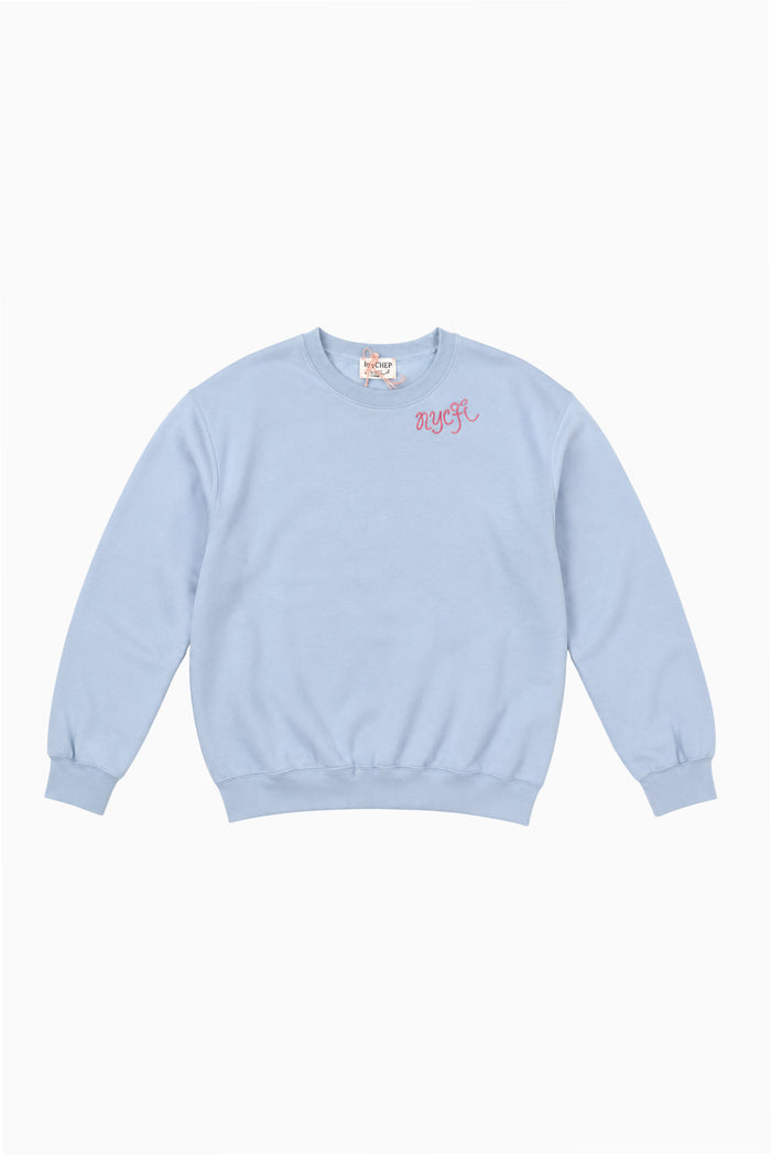Light blue embroidered crewneck pullover sweatshirt with long sleeves
