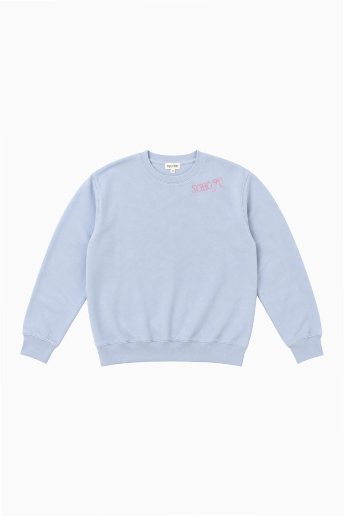 Light blue embroidered pullover sweater with small chest logo