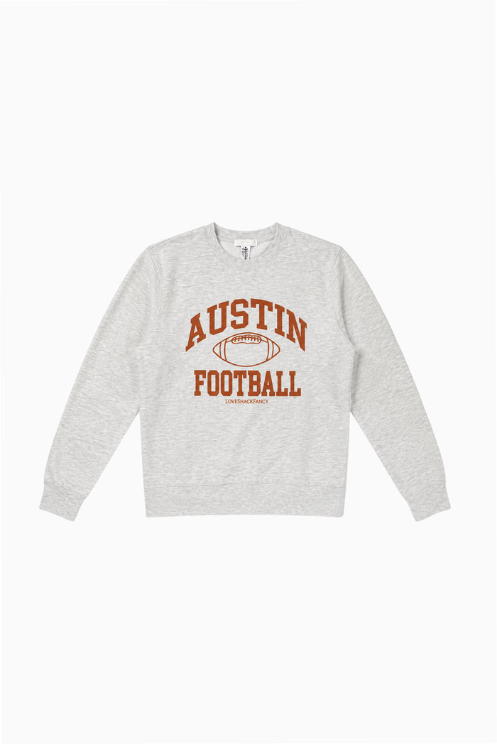 Grey football pullover with orange and brown varsity logo graphic, long sleeves