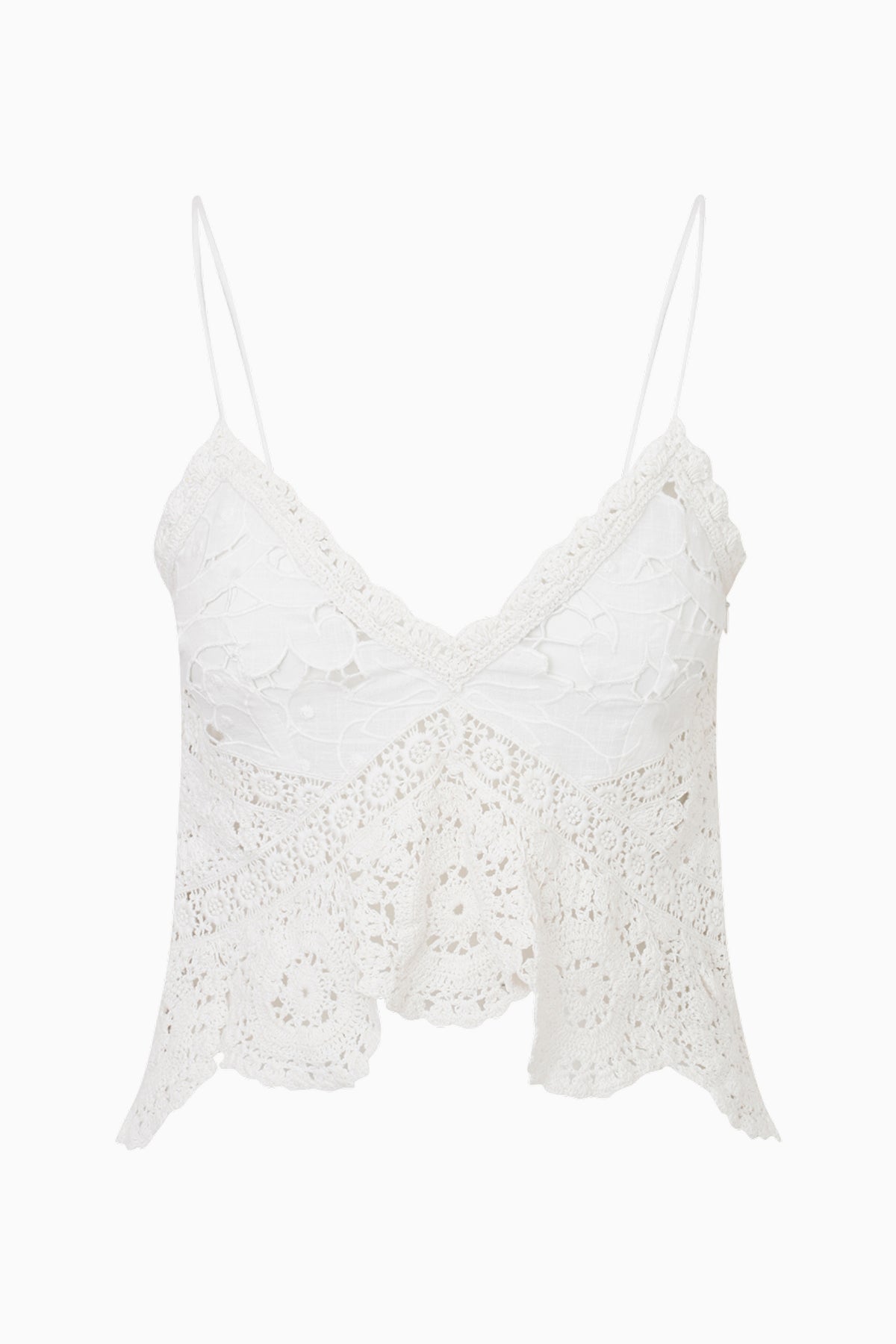 White crochet sleeveless top, V-neck lace front with spaghetti straps