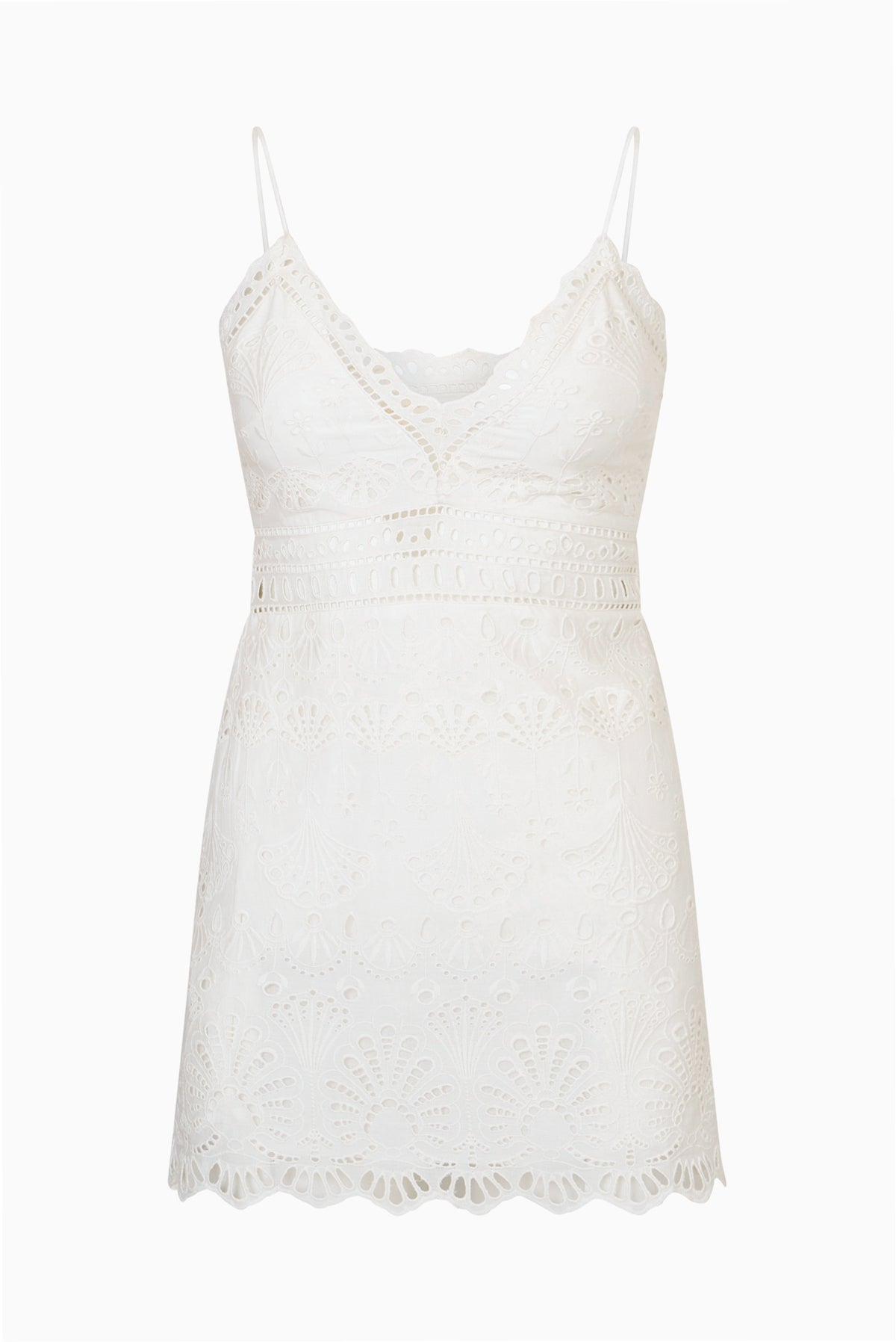 Eyelet cotton mini dress in optic white with V-neck and spaghetti straps
