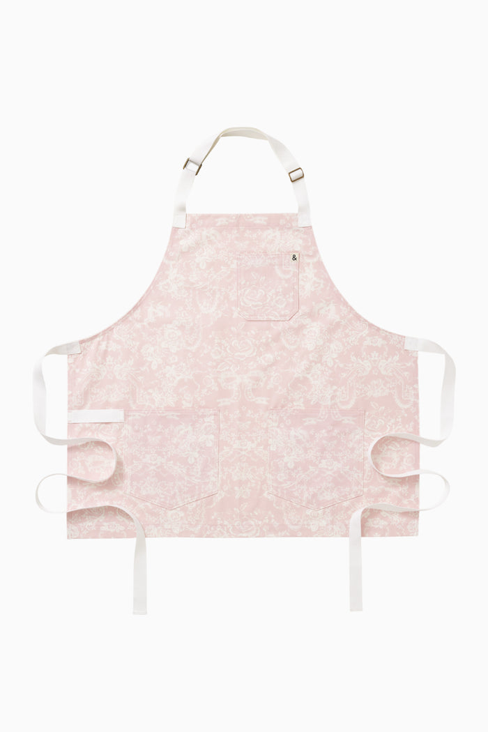 Perennial pink printed apron, front flat lay with adjustable straps and ties - Customized
