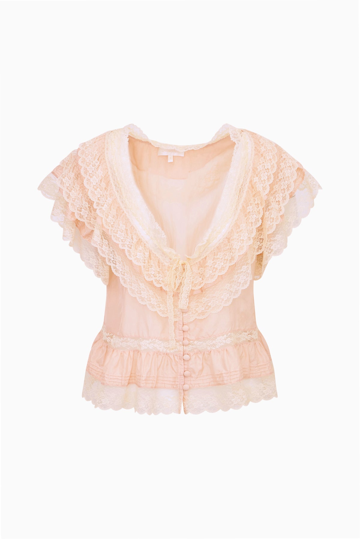 Light peach silk ruffle top with lace trim, short sleeves, and button front