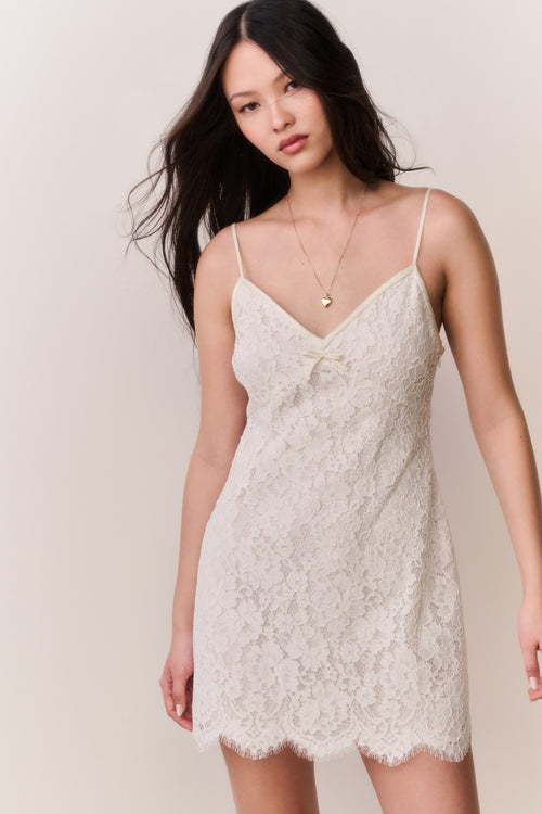 Ivory lace mini dress, thin straps and V-neck with delicate lace detailing