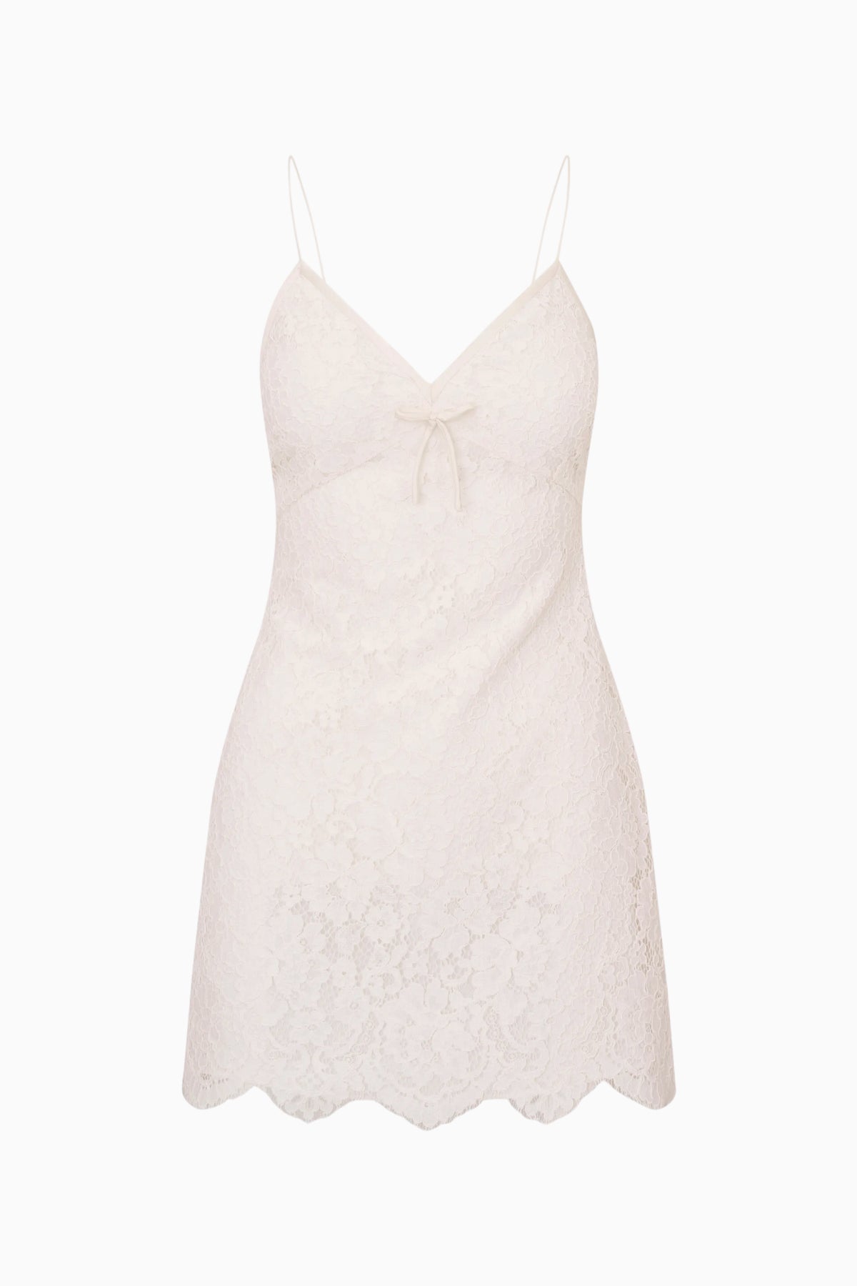Ivory lace mini dress with spaghetti straps, V neckline, and scalloped hem