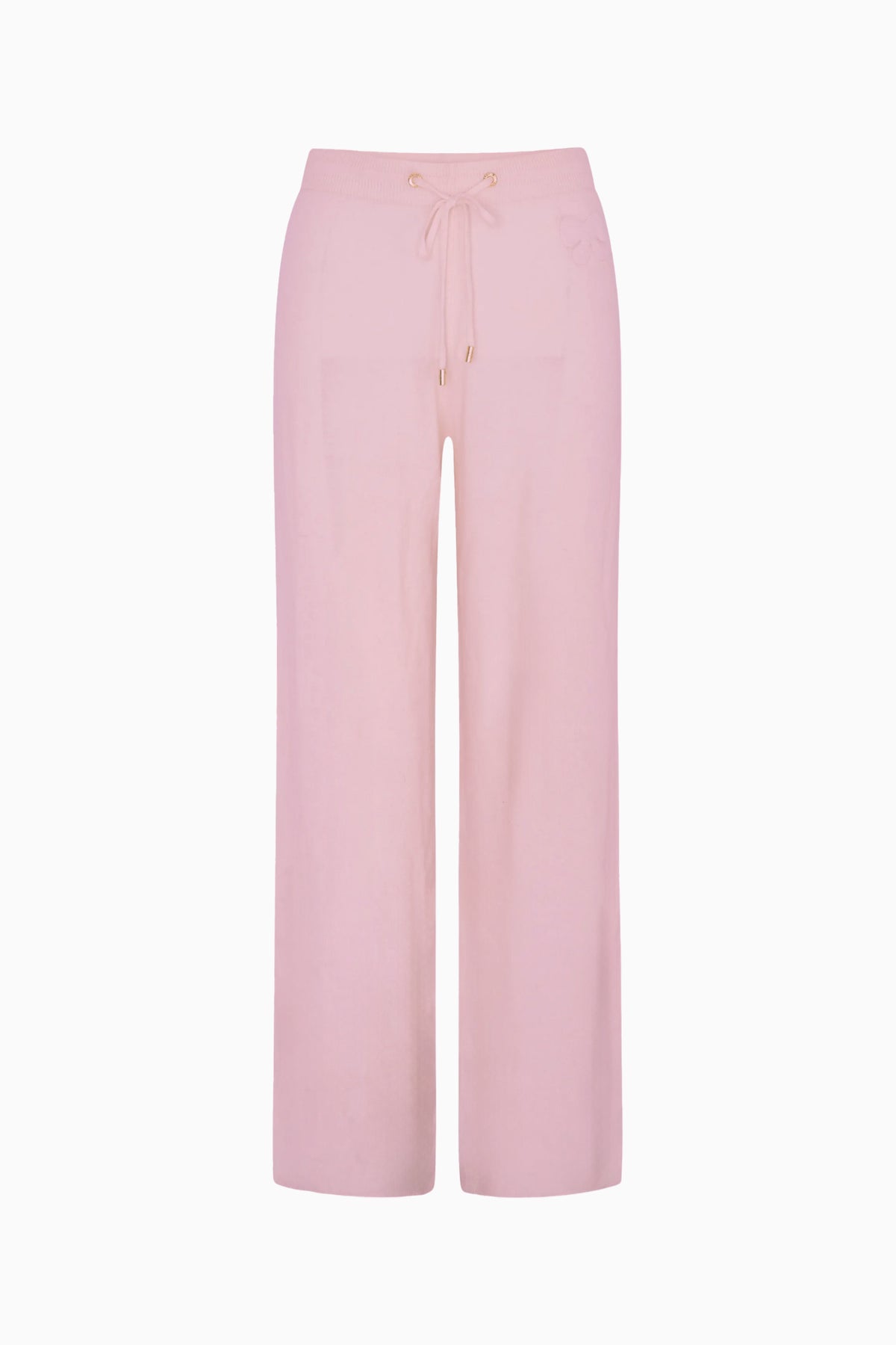 Pink straight-leg pants with tie waist and tassel drawstrings