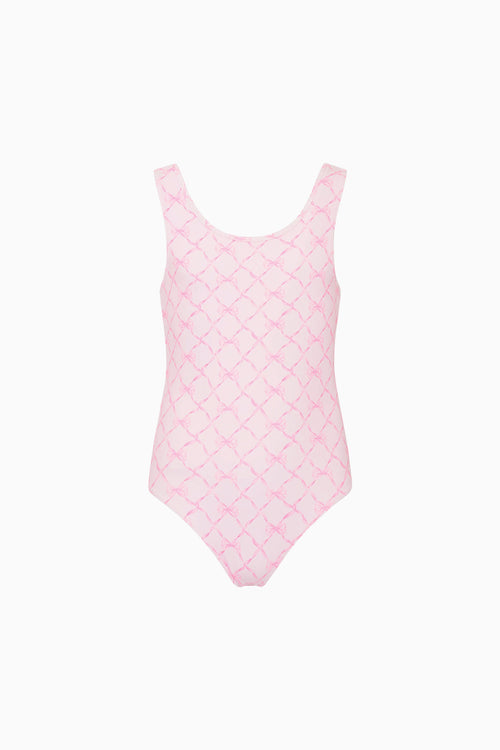 Girls Aldora one-piece swimsuit, pink mesh-style lattice print, sleeveless