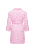Kids cotton bath robe, pink diamond quilting, back view, hood and waist belt