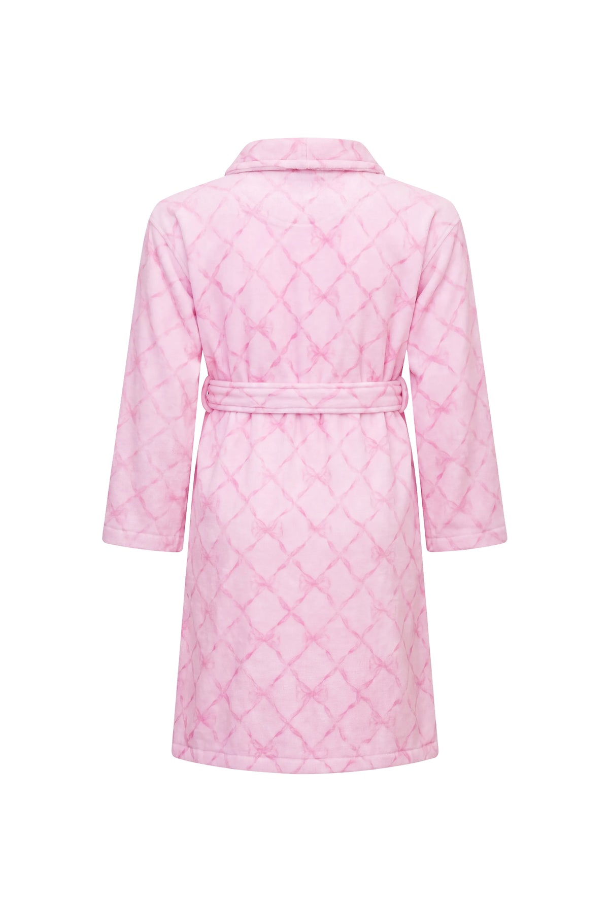 Kids cotton bath robe, pink diamond quilting, back view, hood and waist belt